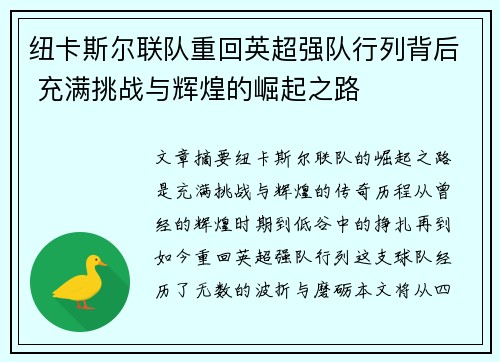 纽卡斯尔联队重回英超强队行列背后 充满挑战与辉煌的崛起之路