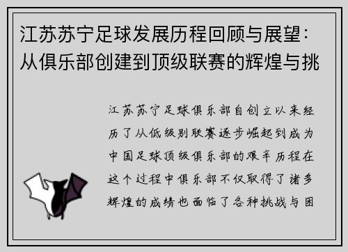 江苏苏宁足球发展历程回顾与展望：从俱乐部创建到顶级联赛的辉煌与挑战